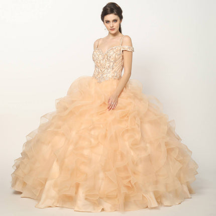 Juliet 1421 Cinderella Ball Gown Ruffled Tulle Cold Shoulder Embroidered Bodice