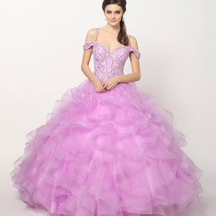 Juliet 1421 Cinderella Ball Gown Ruffled Tulle Cold Shoulder Embroidered Bodice
