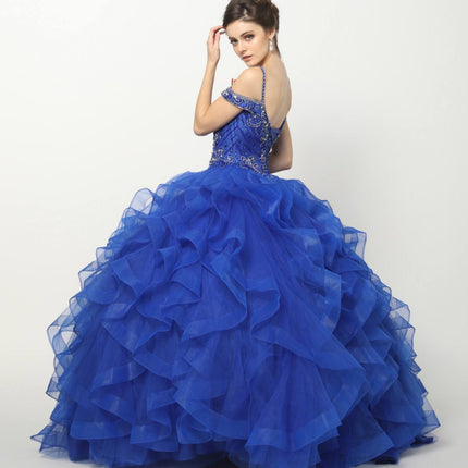 Juliet 1421 Cinderella Ball Gown Ruffled Tulle Cold Shoulder Embroidered Bodice