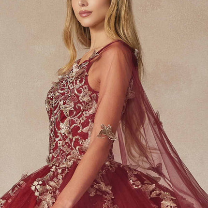 Juliet 1442 Long 3D Butterfly Appliques Strapless Bodice Cape Quinceanera Dress