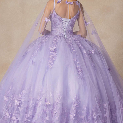 Juliet 1442 Long 3D Butterfly Appliques Strapless Bodice Cape Quinceanera Dress