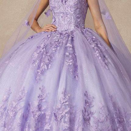 Juliet 1442 Long 3D Butterfly Appliques Strapless Bodice Cape Quinceanera Dress