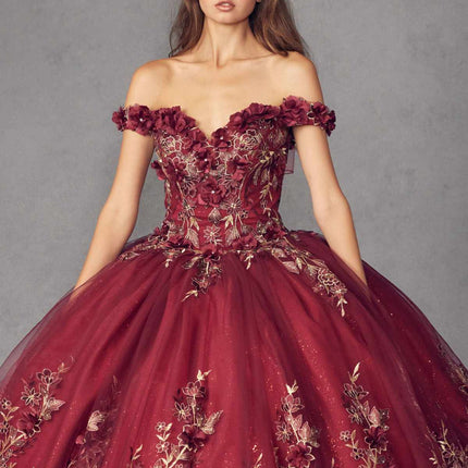 Juliet 1447 Long 3D Floral Appliques Off Shoulder Poofy Ball Gown