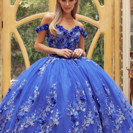 Juliet 1447 Long 3D Floral Appliques Off Shoulder Poofy Ball Gown