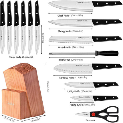 15-Pieces Set: Cookit Germany Stainless Steel Knife Block Set and Serrated Steak Knives