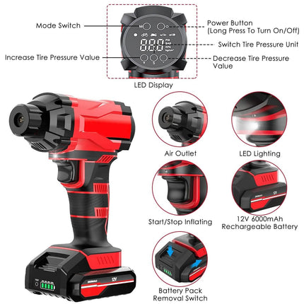 150 PSI 12V Portable Cordless Tire Pump 6000mAh Rechargeable with LED Light