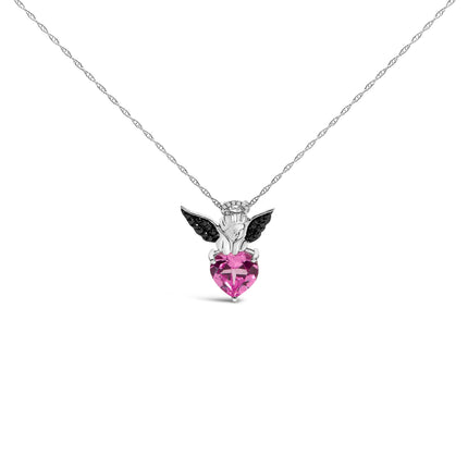 Sterling Silver Diamond Accent & Created Pink Sapphire Angel Heart Pendant Necklace