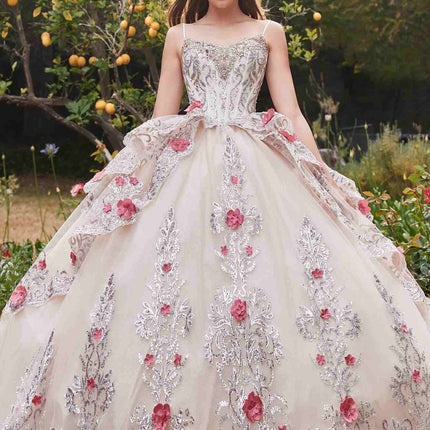 Ladivine 15703 Layered Tulle Quince Ball Gown With Foral Applique