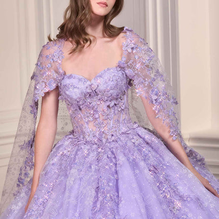 Ladivine 15719 Long Poofy Quinceanera Gown With Tulle Cape