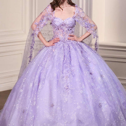 Ladivine 15719 Long Poofy Quinceanera Gown With Tulle Cape
