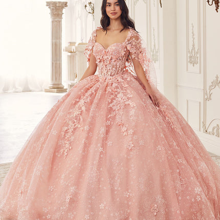 Ladivine 15719 Long Poofy Quinceanera Gown With Tulle Cape