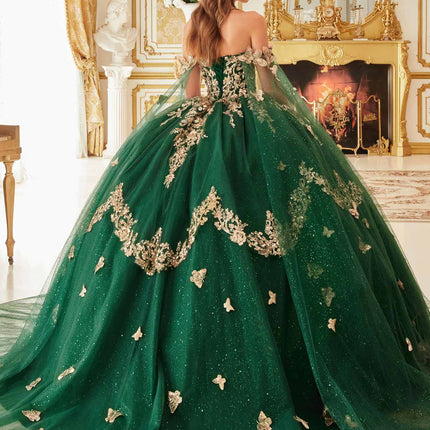 Ladivine 15721 Long Strapless Tulle Cape Sleeve Ball Gown