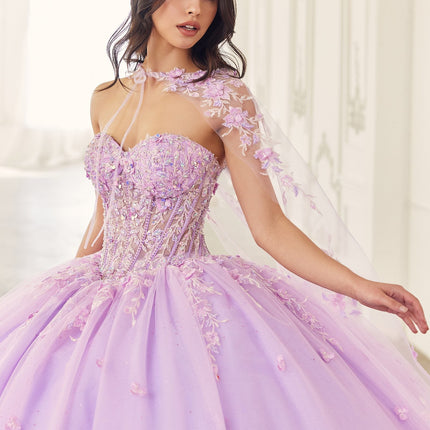 Ladivine 15723 Long Poofy A-Line Quinceanera Gown with Tulle Cape