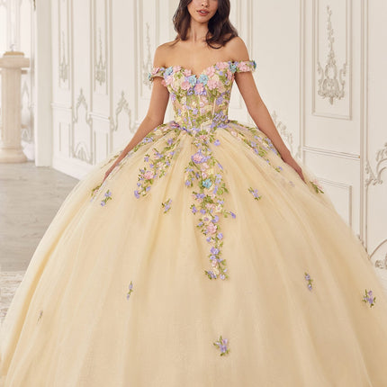 Ladivine 15724 Floral Lace Applique Quinceanera Gown Removable Capelet