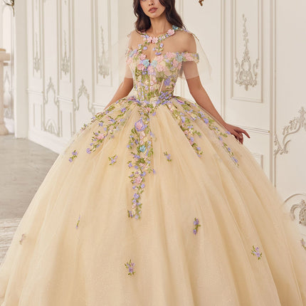 Ladivine 15724 Floral Lace Applique Quinceanera Gown Removable Capelet