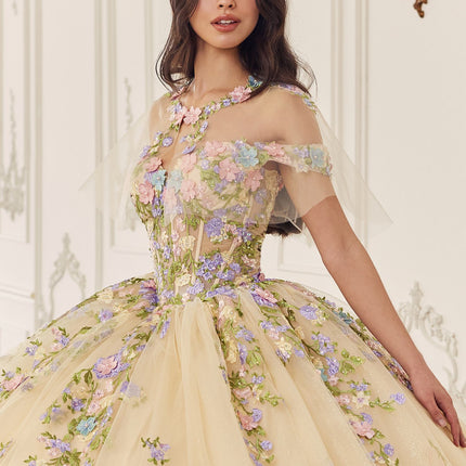 Ladivine 15724 Floral Lace Applique Quinceanera Gown Removable Capelet