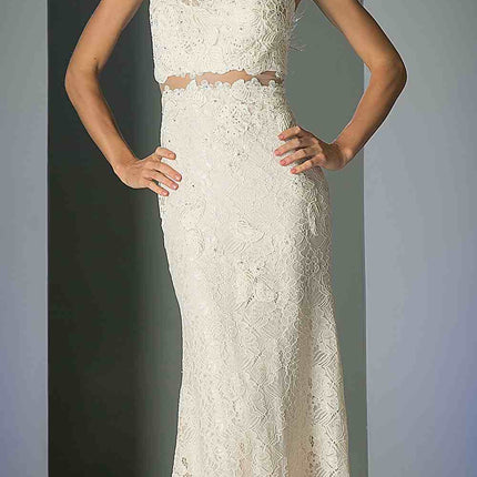 Cinderella Divine 1586 Halter Lace Appliques Mock Two-Piece Gown