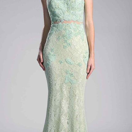 Cinderella Divine 1586 Halter Lace Appliques Mock Two-Piece Gown