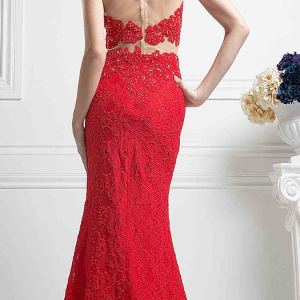 Cinderella Divine 1586 Halter Lace Appliques Mock Two-Piece Gown