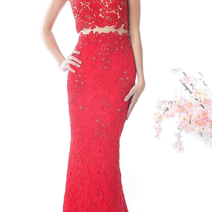 Cinderella Divine 1586 Halter Lace Appliques Mock Two-Piece Gown
