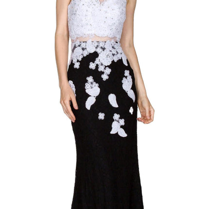 Cinderella Divine 1586 Halter Lace Appliques Mock Two-Piece Gown