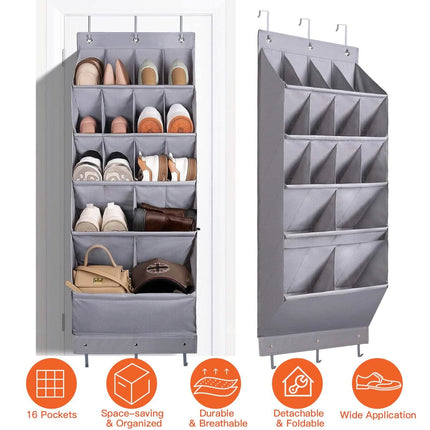 16 Pockets Over The Door Shoe Organizer 5 Tier with 6 Hooks