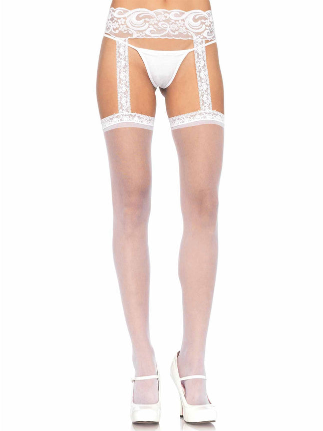 Sheer Lace Top Stockings with Attached Lace Garter Belt - White - O/S