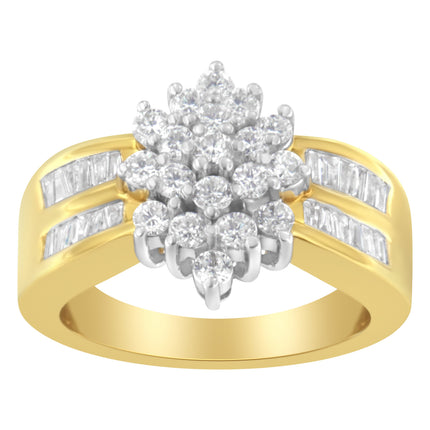 10K Yellow Gold 1.0 Cttw Round & Baguette Cut Diamond Floral Cluster Double-Channel Flared Band Statement Ring (H-I Color, SI2-I1 Clarity) - Size 6-1/2