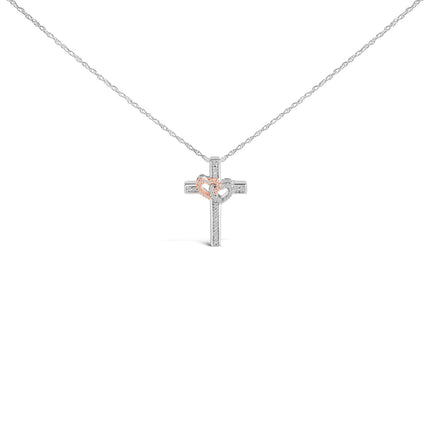 14K Rose Gold Plated Sterling Silver 1/10 Cttw Diamond Cross & Heart Pendant Necklace