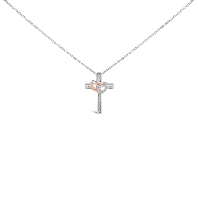 14K Rose Gold Plated Sterling Silver 1/10 Cttw Diamond Cross & Heart Pendant Necklace