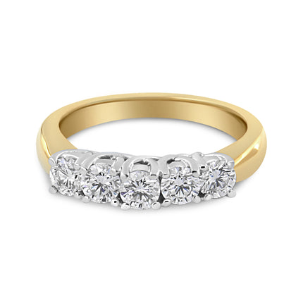 1.0 Cttw Diamond 5 Stone Ring Band in 18K Yellow Gold – Round Cut Wedding Anniversary Ring