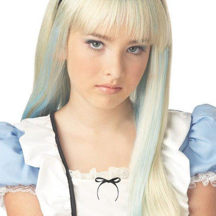 Alice Wig Blonde with Blue Streaks and Bangs Fits Child