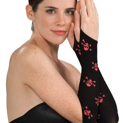 Women's Sexy Black and Red Skull Cross Bones Fingerless Arm Warmer Gloves