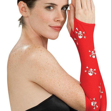 Women's Sexy Red with White Skull Cross Bones Fingerless Arm Warmer Gloves