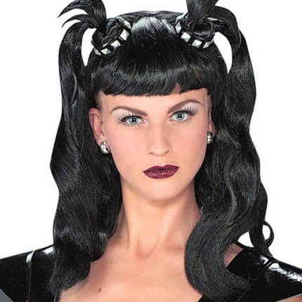 Black Dominatrix Wig Wavy Wig with Bangs and Pigtails with Studded Choker Accent