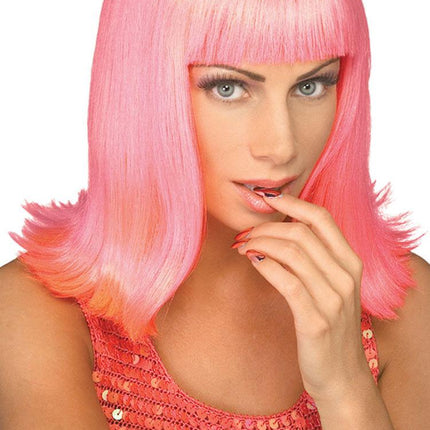 Passion Pink Pop Star Shoulder Length Wig with Bangs