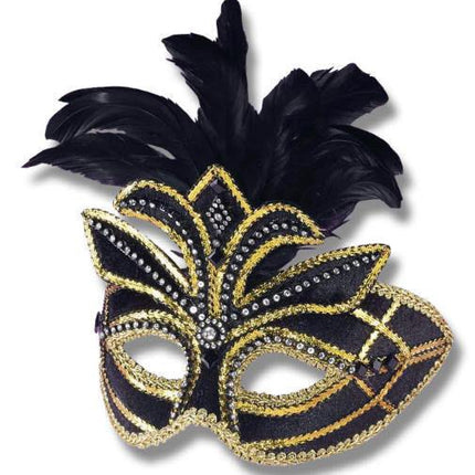 Fancy Black Feathered Venetian Adult Mask