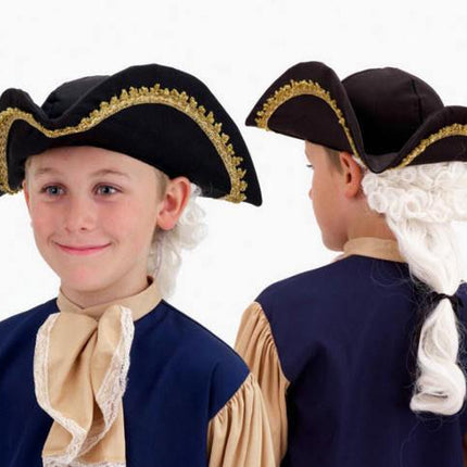 Child Tricorn Colonial Costume Hat with Attached White Wig