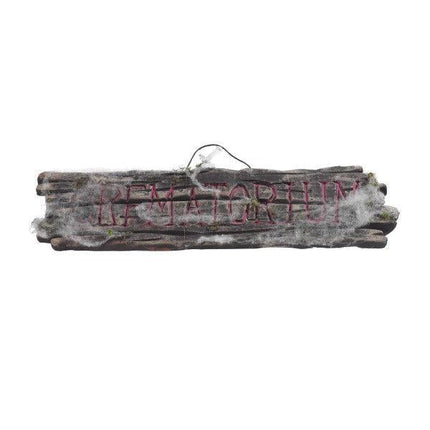 Wood Effect Crematorium Sign with Cobwebs Halloween Decor Prop