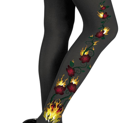 Flames and Roses Black Nylon Pantyhose