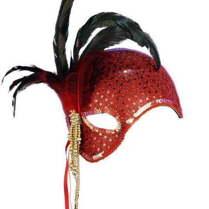 Red Mystique Venetian Masquerade Mask with Feathers