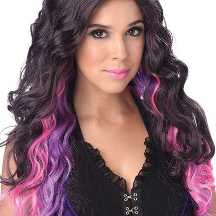 Brown Purple Pink Color Cascade Long Curly Wig