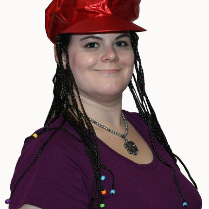 Red Alicia Go Go Cap with Attached Black Braids Wigs and Colorful Beads