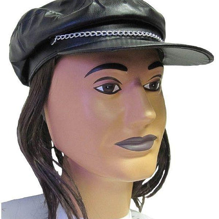 Motorcycle Biker Leather Look Costume Hat Cap with Attached Dark Brown Hair