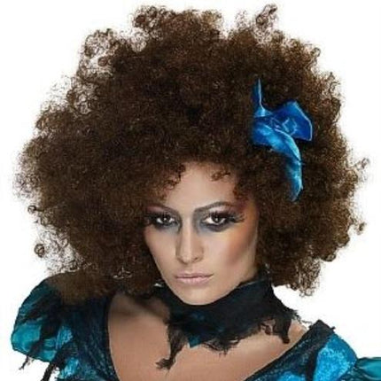 Once Upon a Nightmare Killerella Brown Afro Wig with Blue Ribbon Bow