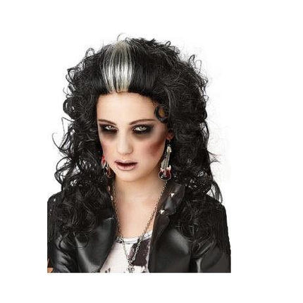 Rocked Out Zombie Black Curly Wig with White Streak