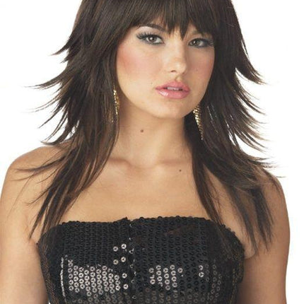 Dark Brown Feathered and Flirty Long Wig with Bangs