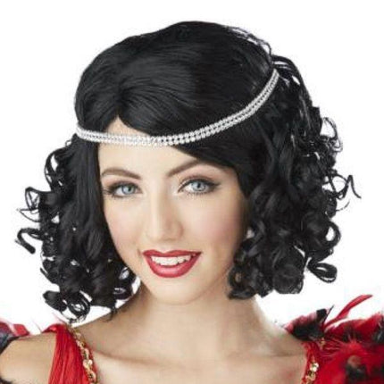 Ritzy Black Curly Flapper Wig with Rhinestone Headband