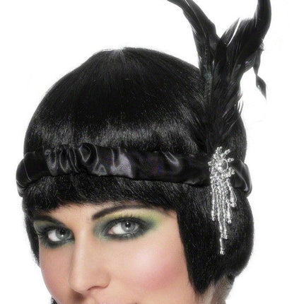 Black Satin Charleston Flapper Headband with Feather and Jewel