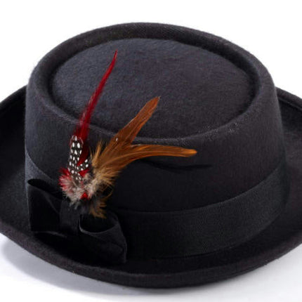 Black Pork Pie Costume Hat with Feather
